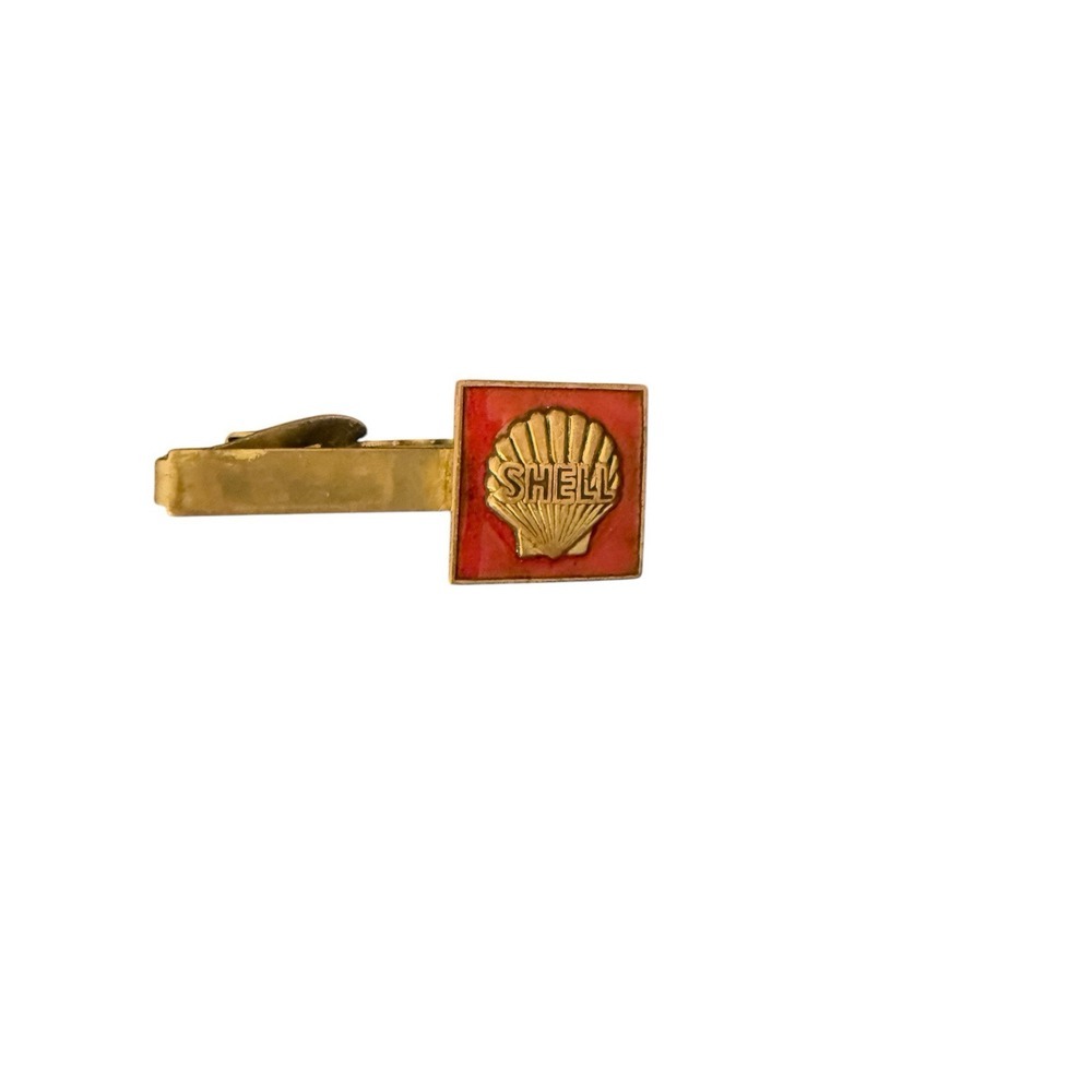 Vintage Gold Tone Shell Oil Red Enamel Tie Clip Bar Service Award‎ Advertising